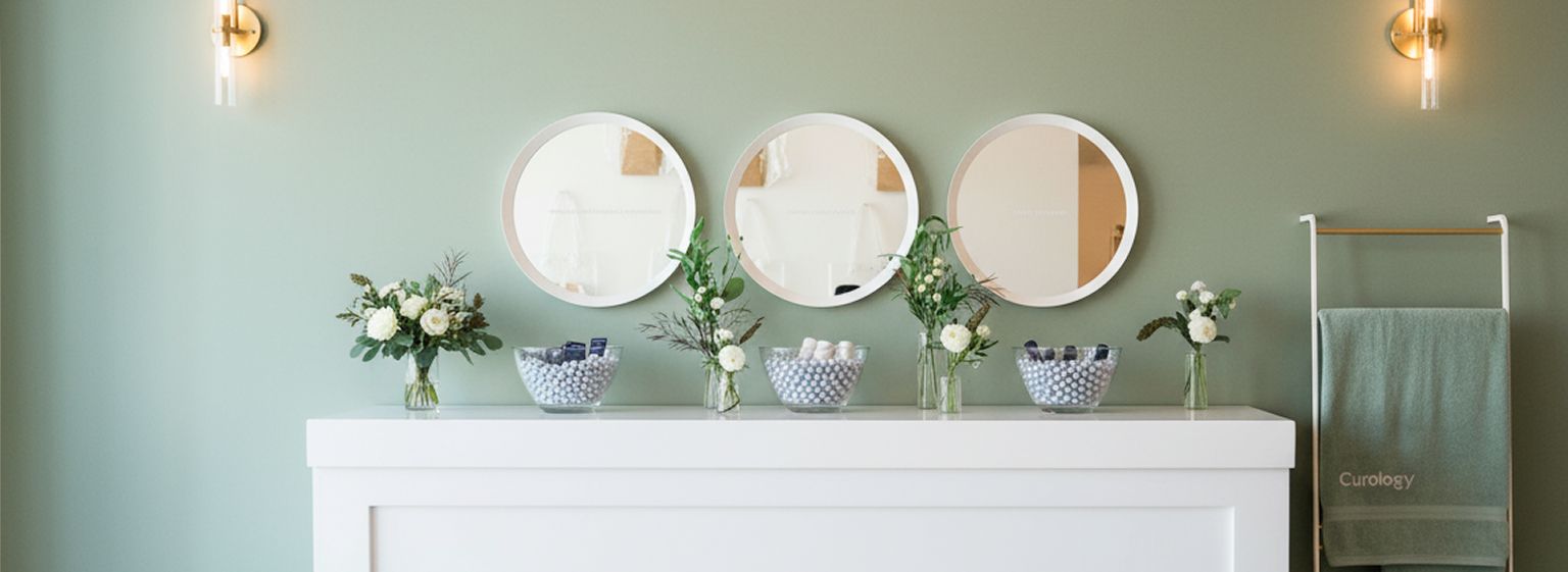 Calm treatment room with round mirrors, flowers and soft lighting