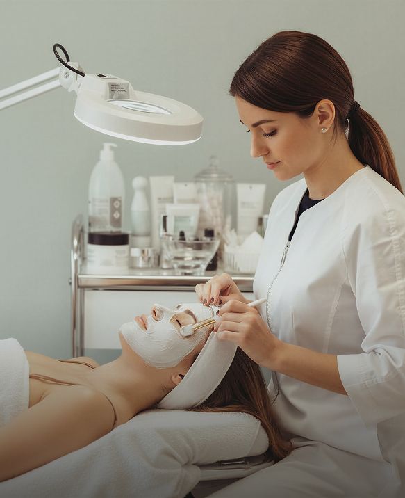 Esthetician applying a mask during an in-home concierge facial treatment