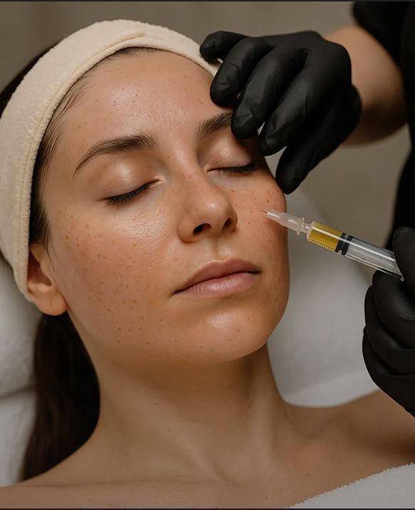 Provider in black gloves injecting PRP into a client's cheek