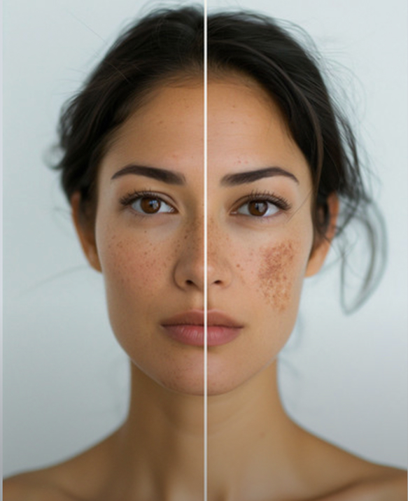Split face showing skin before and after pigmentation treatment