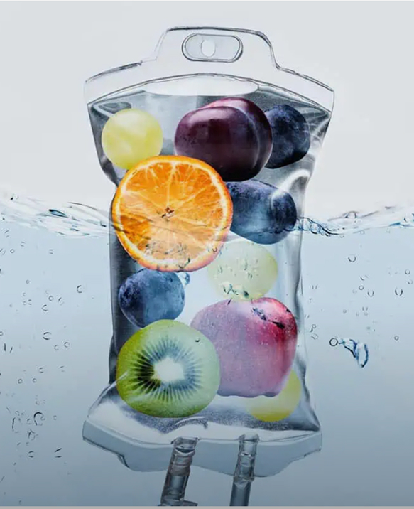 IV bag filled with fresh fruit to represent vitamin infusion therapy