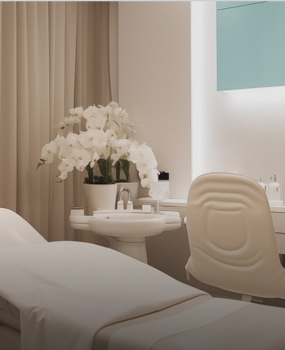 Bright treatment room with a facial chair and white orchids