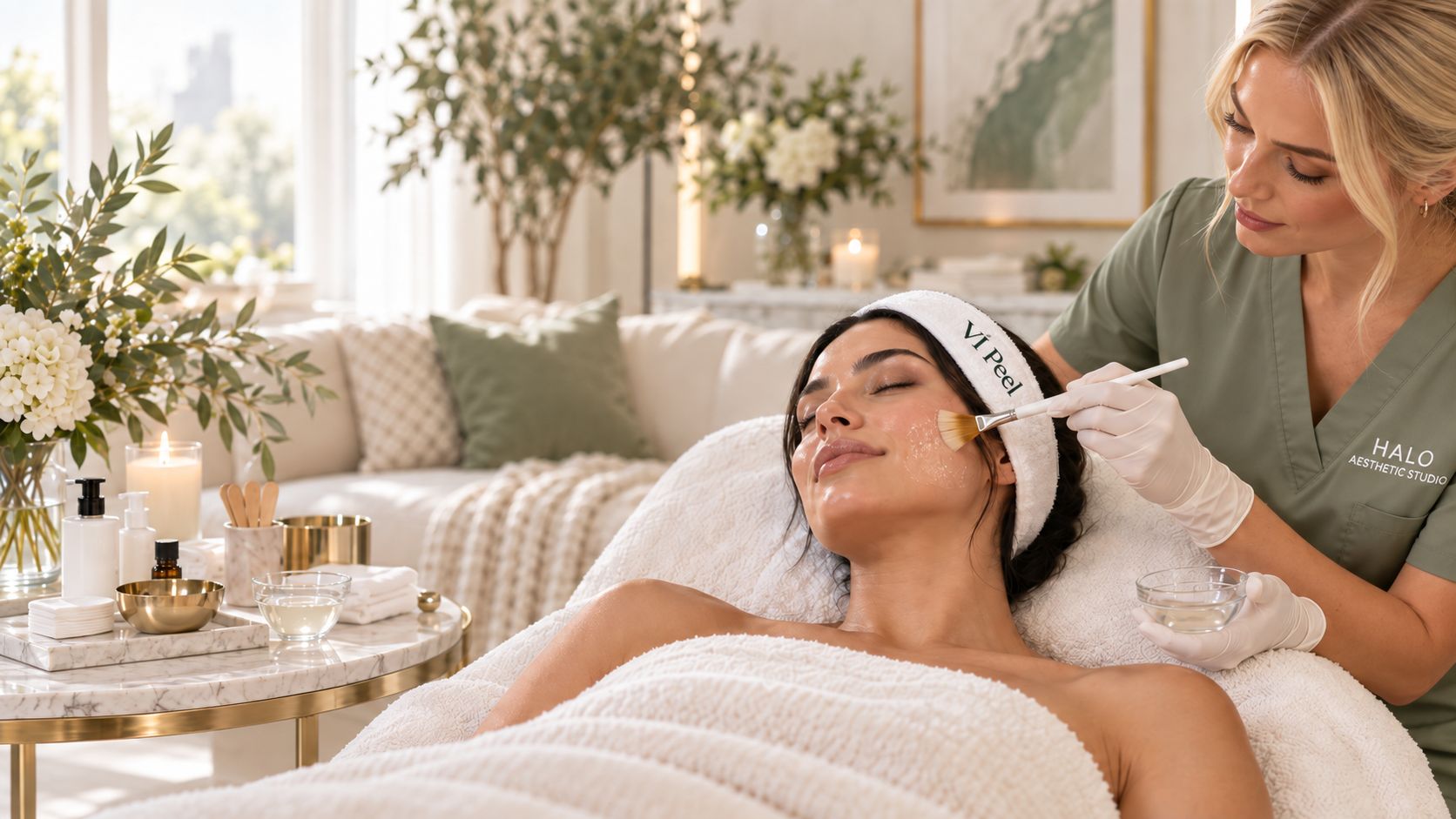 Client receiving a VI Peel chemical peel from a Halo Aesthetic Studio provider